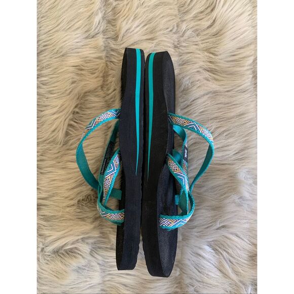 TEVA Olowahu Slide On Sandals Green Blue Strappy Web Flip Flop Shoe 9 - Picture 2 of 5
